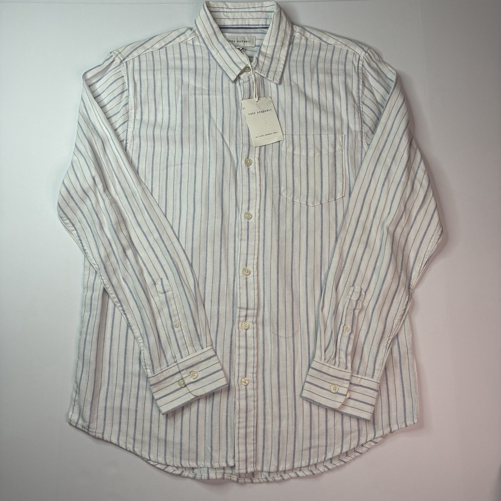 Free Assembly Mens Button Up Flannel Shirt Size M Medium Blue White Striped NWT